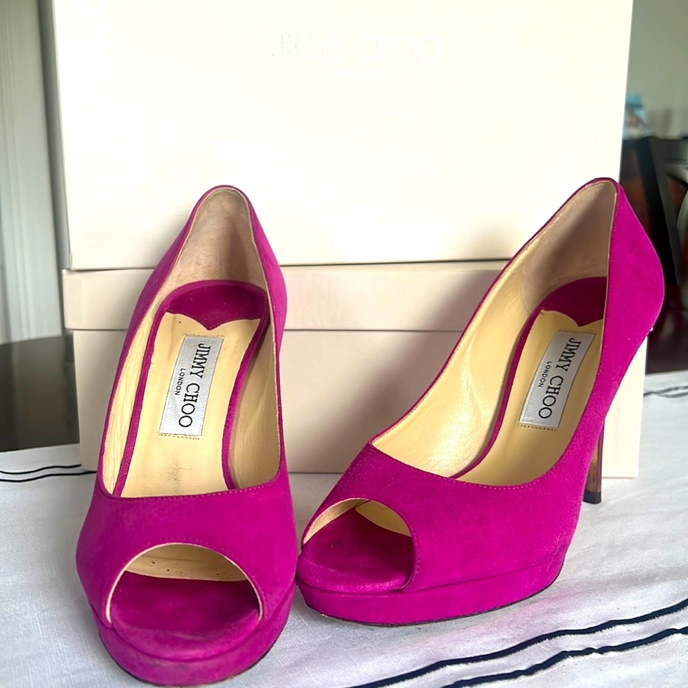 Jimmy Choo Luna Magenta Suede Peep Toe Pumps 37.5